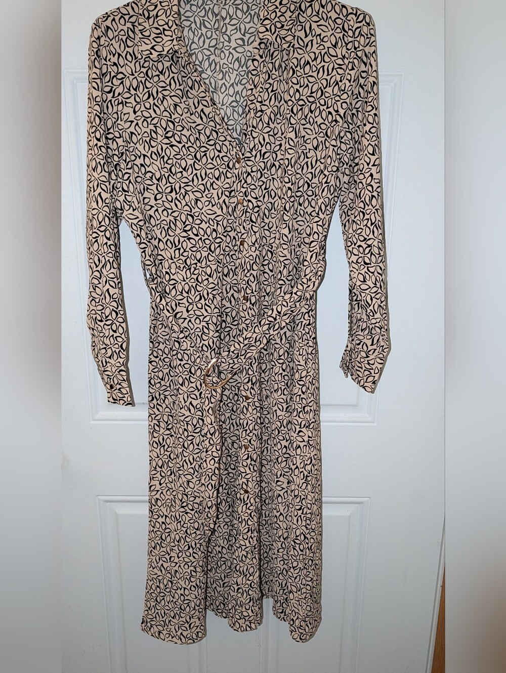 Suzy Shier Patterned Button-Front Shirt Dress Size Large Tan Black NWOT